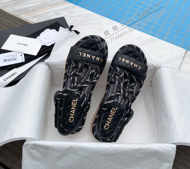 Chanel女鞋 香奈兒2020夏日新款草繩魔術貼涼鞋 Chanel女款休閒涼鞋  naq1254
